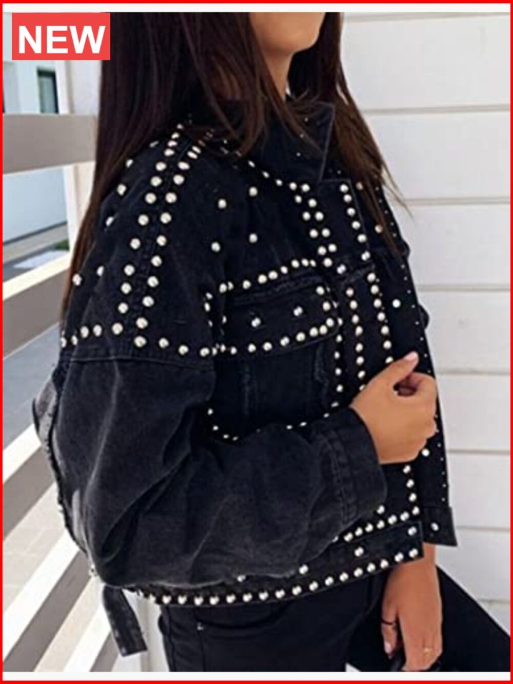 Crop Fringe Denim Jacket Distressed Western Studded Black Trucker - Picture 5 of 7